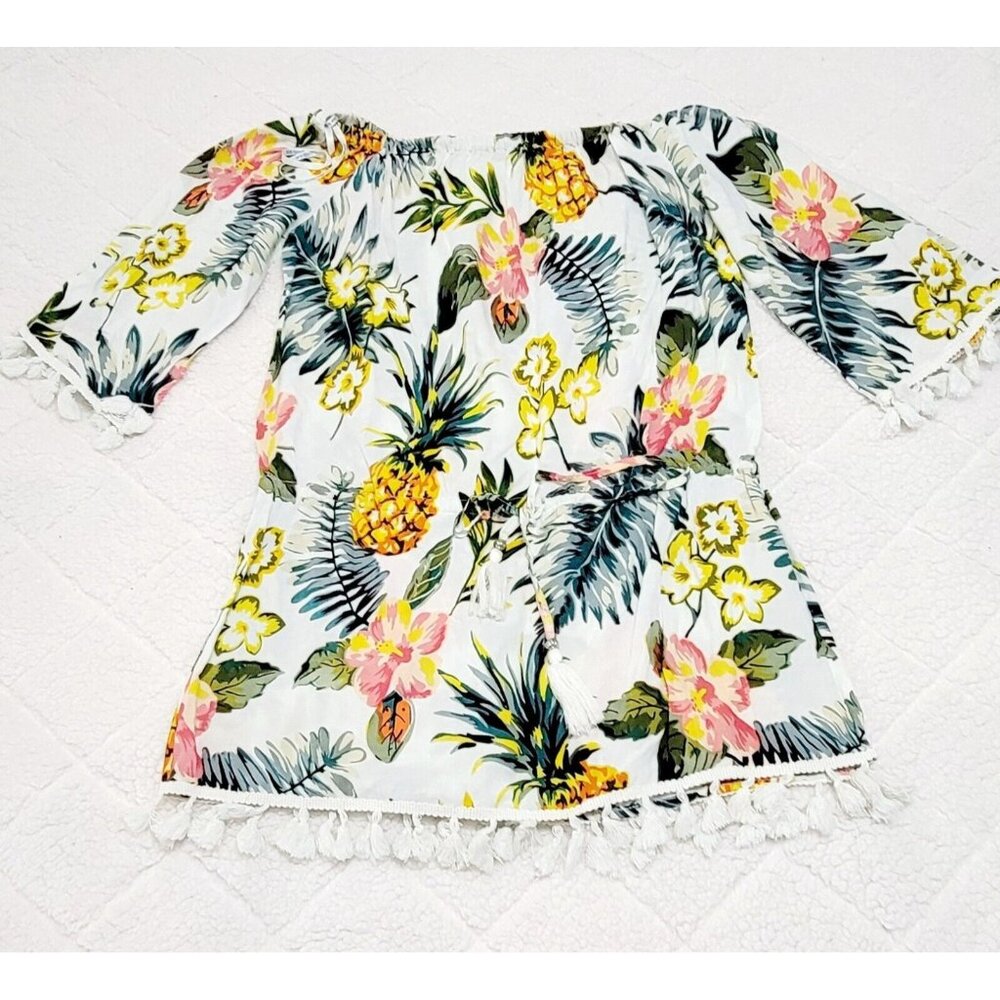Blue Island Womens Multicolor Tropical Off The‎ Shoulder Top Tasseled Tie Size S
